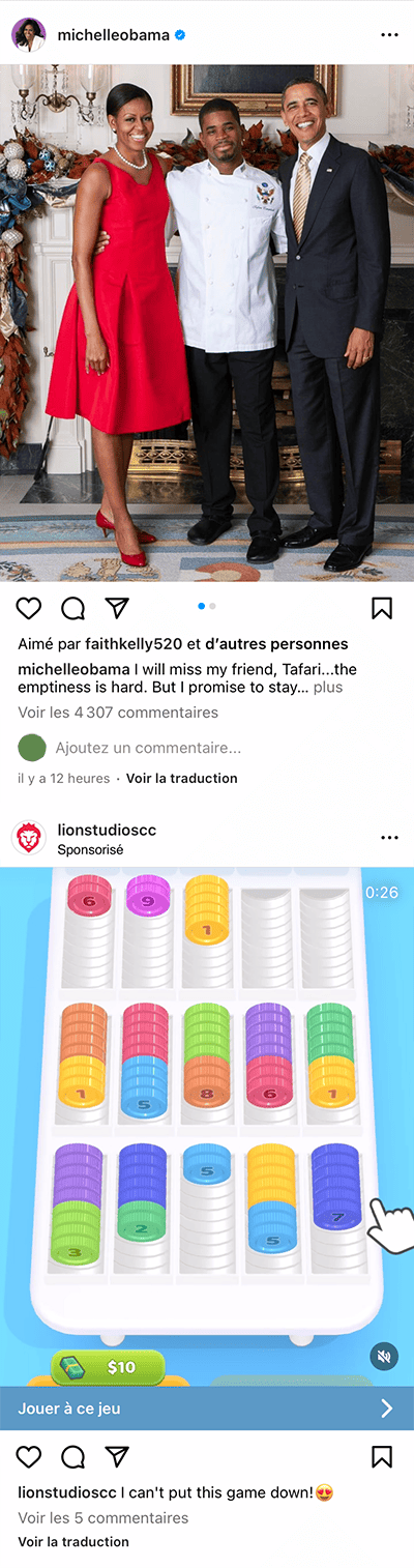 Visuel d’un fil  d’Instagram avec une publicité au milieu du contenu