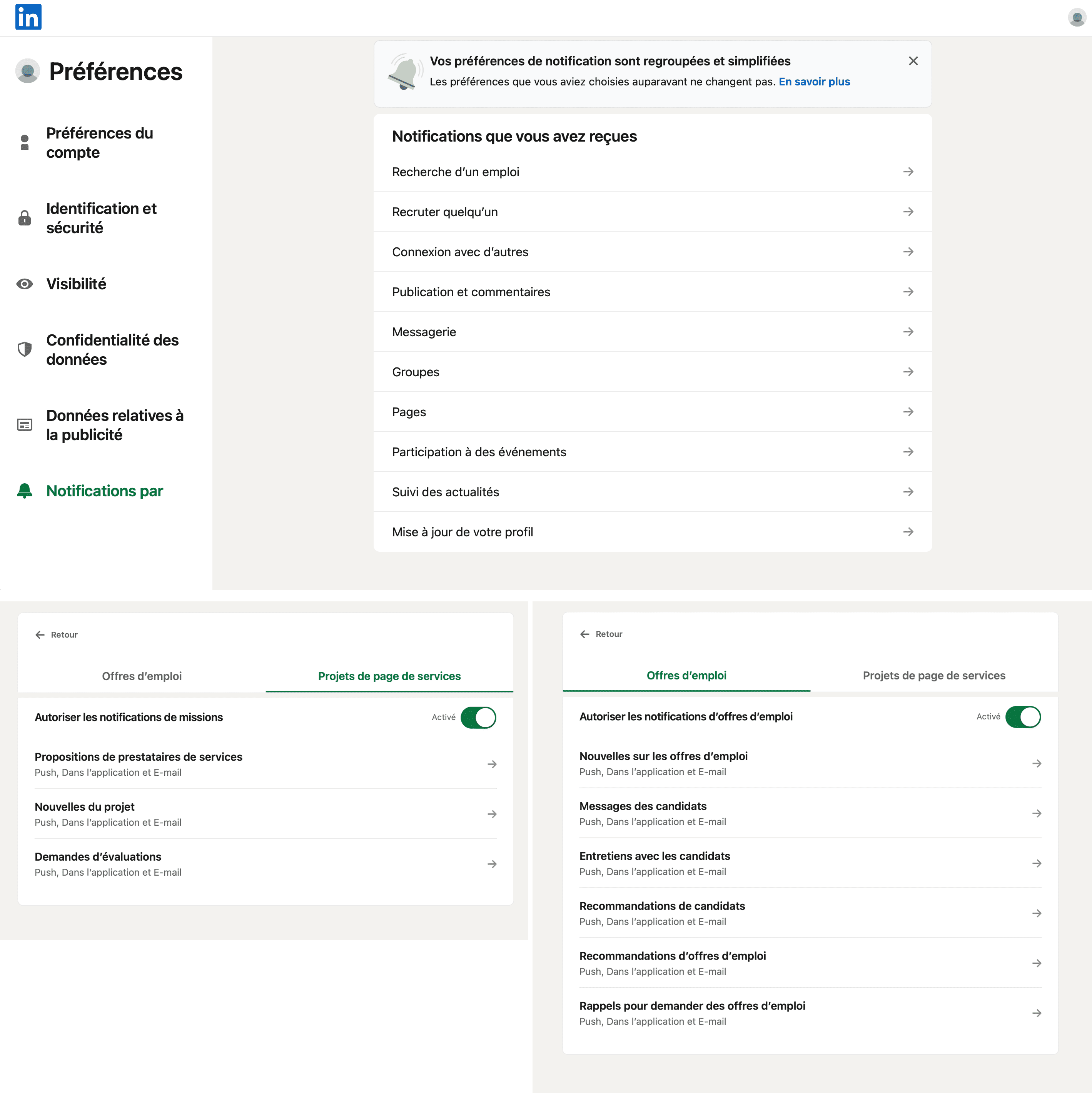 Écrans de préférences de LinkedIn. Sur le premier écran des notifications que vous avez reçues, on voit différentes catégories : recherche d’un emploi, recruter quelqu’un, connexion avec d’autres, publication et commentaire, messagerie, groupes, pages, participer à des événements, suivi des actualités, mise à jour de votre profil.  Sur le deuxième et le troisième écran, nous sommes dans la catégorie Recherche d’un emploi, mais dans un onglet différent. Pour chaque onglet, il y a une liste d’éléments avec par défaut de sélectionné : Push, dans l’application et Email.