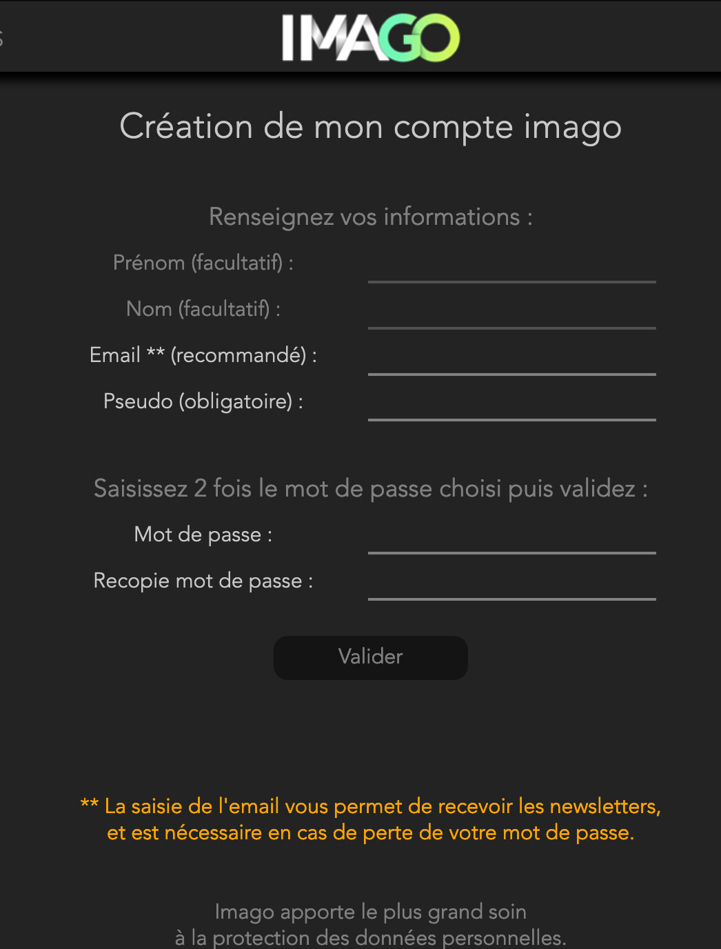 Page “Création de compte” de Imago montrant peu de champs obligatoires